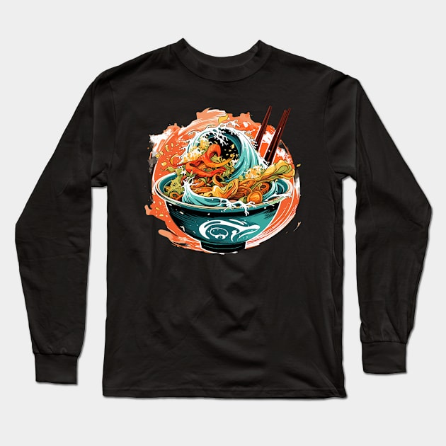 Ramen Noodles Wave Bowl Japan Long Sleeve T-Shirt by Vermilion Seas